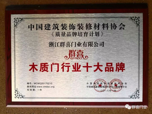 品牌榮譽|眾望所歸 群喜門業榮獲木質門行業十大品牌